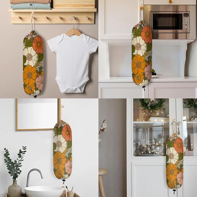 Colorful Sunflower Plastic Bag Holder Daisy Roses Floral Grocery Bag Storage Dispenser Washable Hanging Shopping Bags Carrier Reusable Wall Mount Trash Bag Organizer for Kitchen Pantry