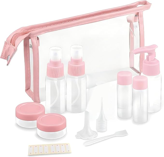 Travel Bottles Kit,11pcs TSA Approved Leak Proof Toiletry Container | PET plastic, leak-proof, TSA size, 40ml bottles, sprayers, jars, bag included, for lotion, shampoo, travel, gym