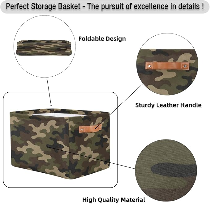 Pardick Camo Basket Storage Bins Rectangle Canvas Basket Cube Storage Box | Nursery Foldable Basket with Handle for Kids Girls Boys Toys Living Room Closet Organizer Shelf Gifts Military Army
