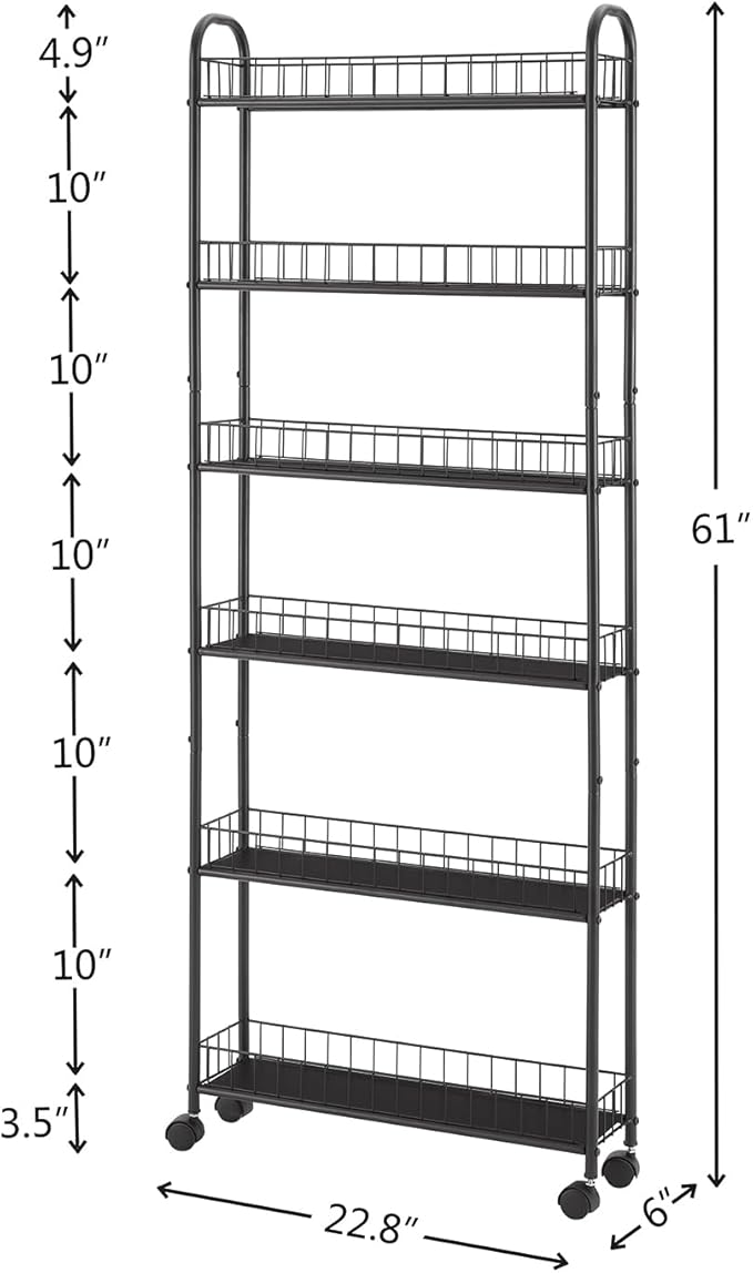 6 Tier Slim Rolling Storage Cart, Mobile Shelving Unit with Wheels, Metal Wire Storage Rack with Baskets for Kitchen Bathroom Office Laundry Narrow Piaces (6in Slim Rolling Cart)