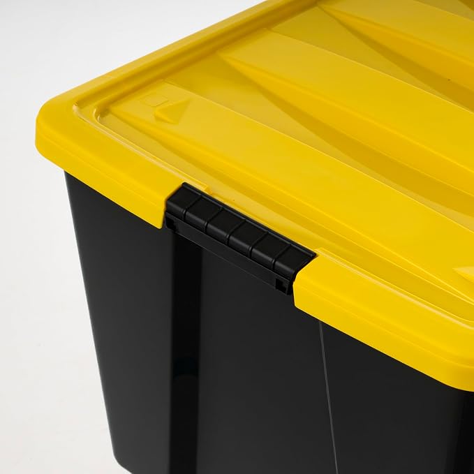 IRIS USA 6-Pack 72 Quart Storage Bins with Lids, Black/Yellow | Black finish conceals stored items. Perfect for moving, blankets, clothing, and garage storage. Nestable design saves space