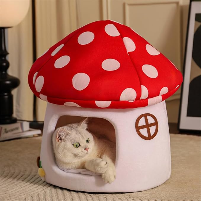 LYFJMUS Mushroom Cat Bed for Indoor Cats Mushroom Cow Shape Cat Cave Bed Cat Tent with Removable & Washable Cushion Pillow Cat House Bed for Cats Small Dogs ﻿