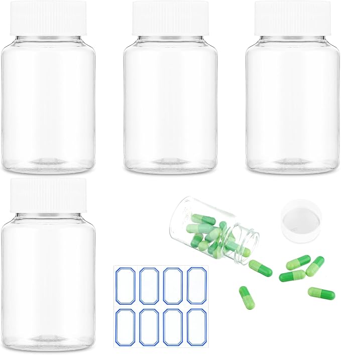 WLLHYF 4Pcs Clear Pill Bottle, 100ml Empty Plastic Medicine Container With Caps for Liquid Solid Powder, Chemical Reagent Storage