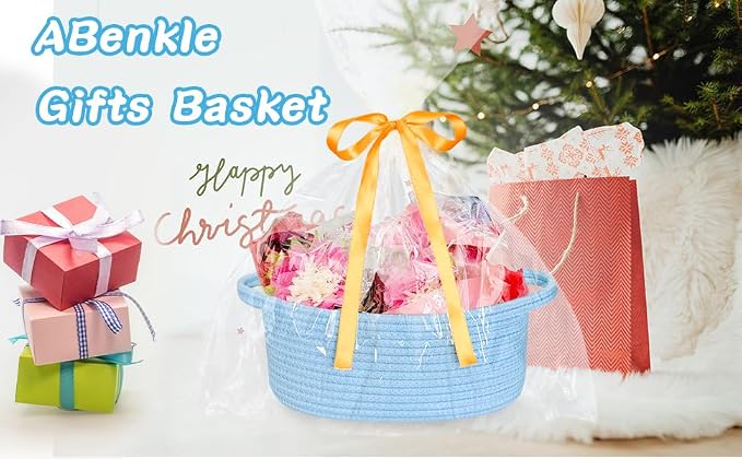 ABenkle Small Basket Empty Gift Basket, Decorative Boho Rope Woven Nursery Storage Organizer Dog Toy Baskets for Baby Showers Christmas Easter with Gift Bags and Ribbons, 12"X 8" X 5"