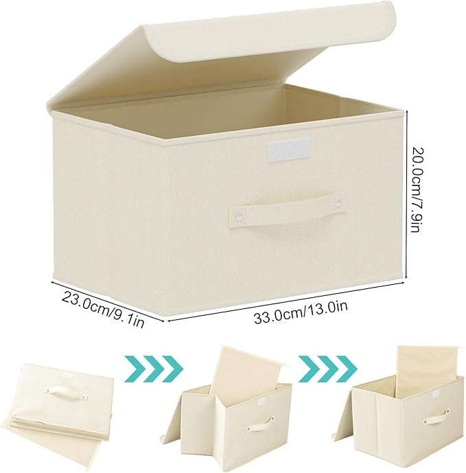 Cloth Storage Baskets with Handles,Beige 13x9.1x7.9in,5 Pack | Storage Boxes with Flip-Top Lids,Washable PP Panel Cube Drawer Organizers,Collapsible Underwear Divider Bins for Home