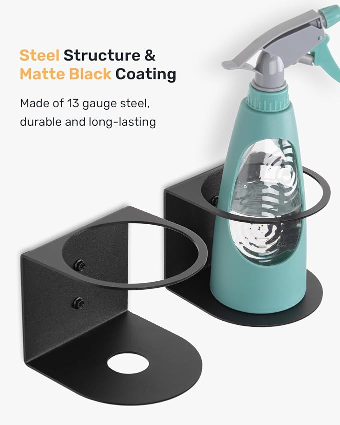 Steel Spray Bottle Holder Wall Mount 2-Pack, Fits up to 32 oz | 13-Gauge, Powder-Coated Black Finish, Rust-Resistant, Hardware Included, 3.7 inch Opening