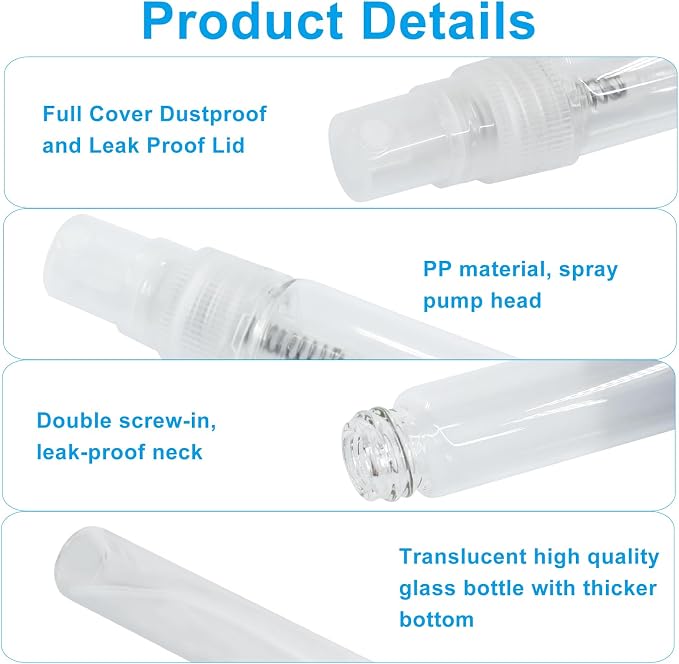 10ml Mini Spray Bottle, 10 Pack Glass Refillable | Fine Mist Travel Atomizer, For Fragrance Oils & Perfume, Small Sample Containers, Clear