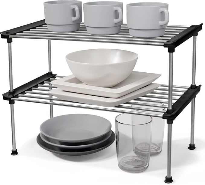Set of 2 Stackable Cabinet Organizer Shelf 15.7 x 7.8 x 6.1 Black | Kitchen Counter Shelves, Kitchen Cabinet Organizers and Storage, Pantry Storage Shelf Organizer