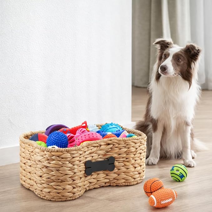 Pet Dog Toy Basket - Bone Shape Storage Bin, Personalized Organizer for Cat Toys, Wicker Holder Box for Living Room, Handmade Water Hyacinth