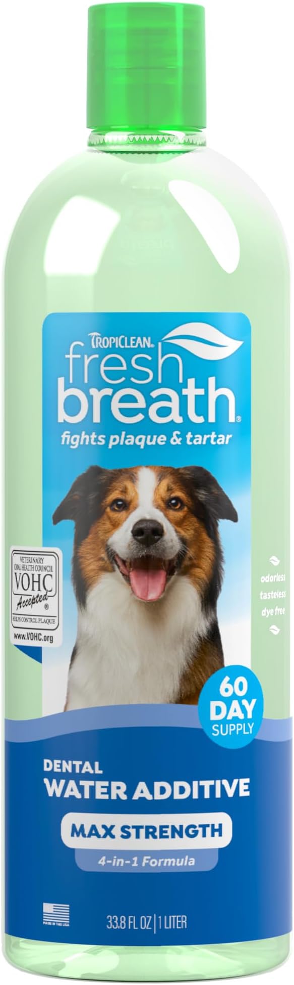 TropiClean Fresh Breath Advanced Whitening Water Additive for Dogs, Max Strength Dog Teeth Cleaning and Breath Freshener Solution, 33.8oz