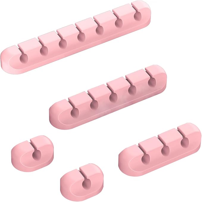 TviewSmart Cord Organizer for Desk, 5 Pack Cord Holders, Cable Clips, Pink | Silicone cable management clips self adhesive for nightstand and charger, 7-5-3-1-1 slots hold USB and phone cords up to 6 mm