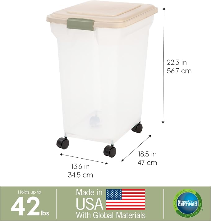 IRIS USA Dog Food Storage Container, Up to 40 lbs, Almond, Made in USA | Wheels for Mobility, Airtight Seal, BPA-Free, Best for Bird Seed, Cat food, Cat Litter, Chicken Feed, Pellets