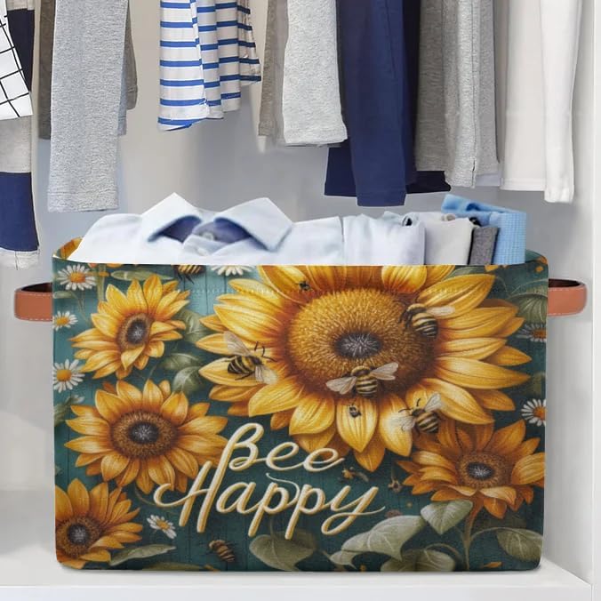 Bee Sunflowers Storage Baskets with Handles Fabric Storage Boxes Collapsible Nursery Basket for Shelf Book Cloth 15 X 11 X 9.5 IN Closet Organizer Bins