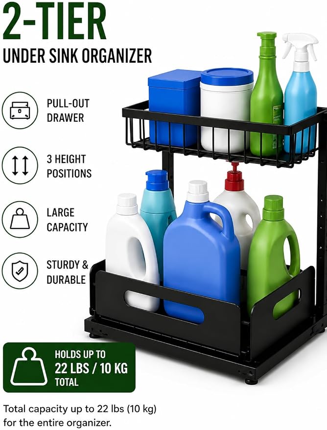 Under Sink Organizer, 2 Tier Adjustable Cabinet Organizer with Slide-Out Drawer, Heavy Duty Metal Storage Rack for Kitchen, Bathroom & Laudry room.