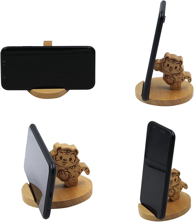 Cute Tiger Wooden Smartphone Desk Holder for All Mobile Phones with Anti-Slip Base and Groove for Phone