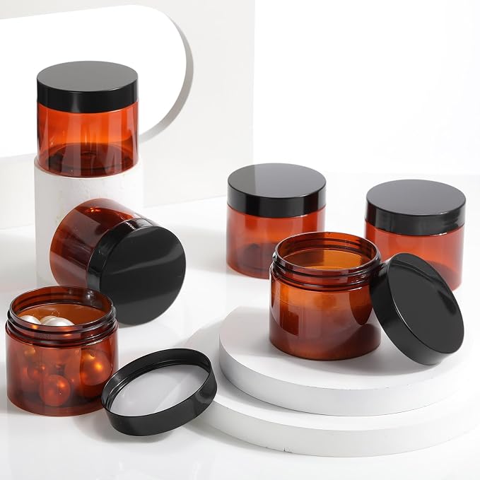 Patelai 60 Pcs Plastic Containers with Lids, Round Leakproof Cosmetic Containers, Multipurpose Storage Jars for Makeup, Lotion, Ointment, Rhinestone Samples, Dry Food and Toiletries(Amber,6 oz)