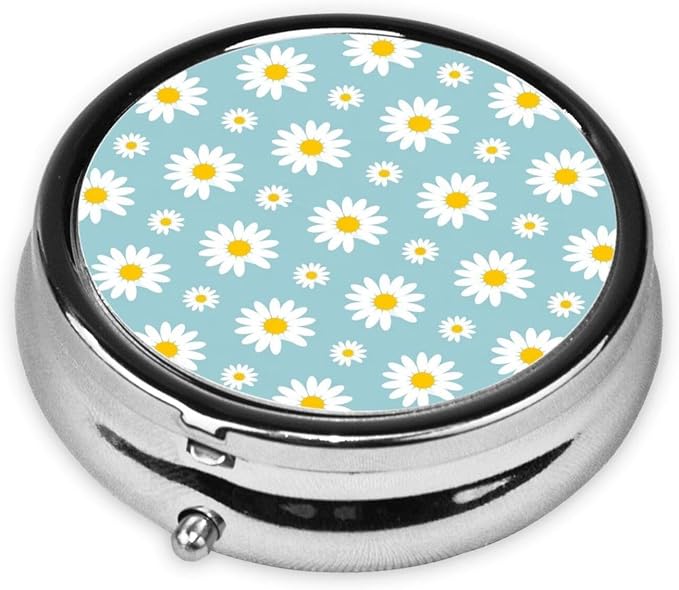 Travel Pill Organizer, Small Round Case with Mirror, Portable Pill Box for Fish Oil Vitamins, Pocket Purse Carry for Commuters, Floral Daisy Flowers Purple