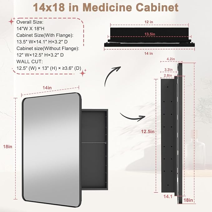 14x18 in Medicine Cabinet with Mirror for Small Space, Matte Black | Fully Assembled; Recessed or Surface Mount; Metal Construction with One Adjustable Glass Shelf for Flexible Storage