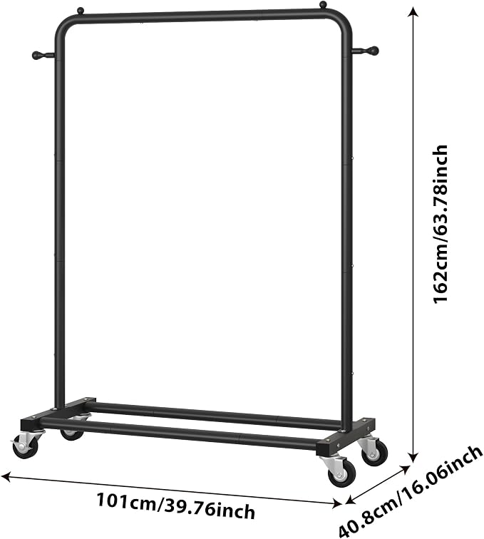 Sywhitta Metal Clothing Rack on Wheels with Bottom Shelf, for Clothes,Black | Rolling Garment Rack for Hanging Clothes, Coats, Skirts, 39.76" L x 16" W x 63.78" H,Space-Saving Mobile Organizer for Closet