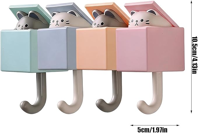 Adhesive Hooks - 4 Pieces Cute Funny Cat Space Saving Hanger Hooks | No-drill Self-adhesive Towel Hooks | Stick On Wall Hooks Animal Decor For Home Bathroom Bedroom Kitchen Living Room Dorm
