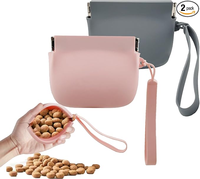 Silicone Dog Treat Pouch Portable Snack Pouch (Pink & Grey) | 2 Pieces Silicone Mini Portable Pet Snack Pouch with Auto Close Feature Feed Dog Treat Pouch for Pet Travel or Outdoor Use