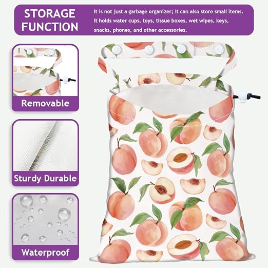 Peach Strap Drawstring Car Trash Bag Hanging Garbage Bag with Snap Buttons Car Back Seat Trash Storage Portable Dustbin Vehicle Trash Can Bag for Vehicle Accessories Travel Camping