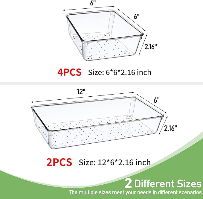 6 PCS Large Size Clear Plastic Drawer Organizer Tray, 12'' Acrylic Vanity Bathroom Drawer Organizers Trays, Desk Drawer Organizer Bins for Cosmetic, Makeup, Kitchen, Office Drawer Divider Organization