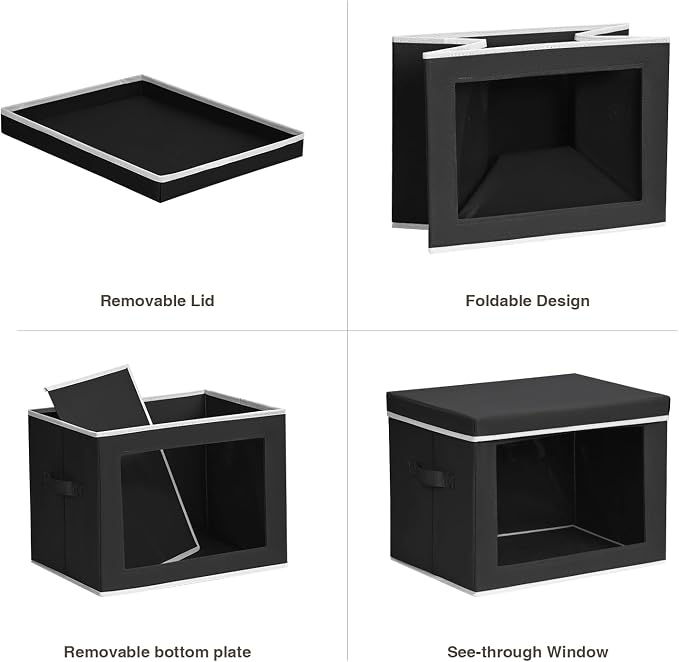 Large Storage Bins with Lids - Fabric Storage Cubes with Window, Collapsible Bins for Clothes, 15.7 Inch Large Baskets for Bedroom, Dorm, Office, Black, 6 Pack