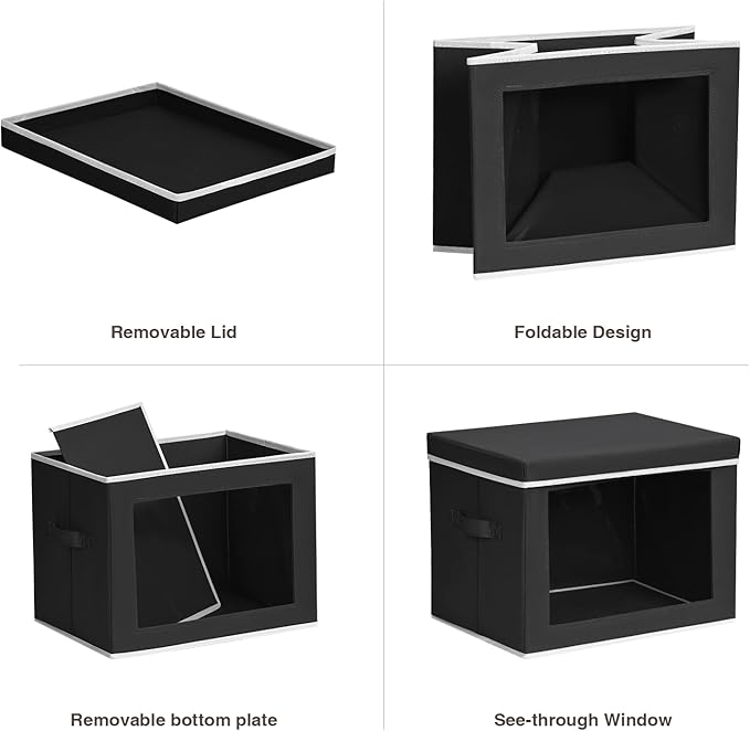 Storage Bins with Lids, 3 Pack Large Storage Cubes with Window, Closet Bins with Lids & Handles, Fabric Box for Organizing Clothes, Towels, Books, Black