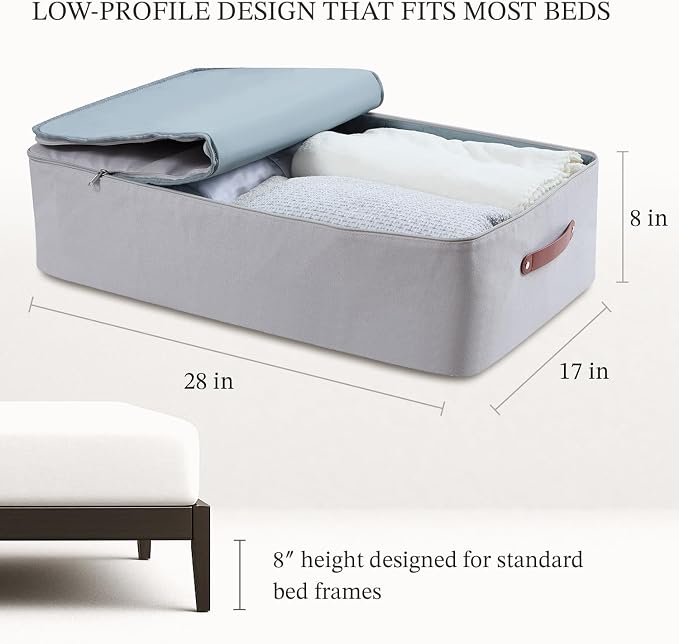 Under Bed Storage Container – Foldable Underbed Storage Bin for Clothes & Bedding, Premium Canvas Storage Box with Lid, Low Profile 8″ Organizer with Handles