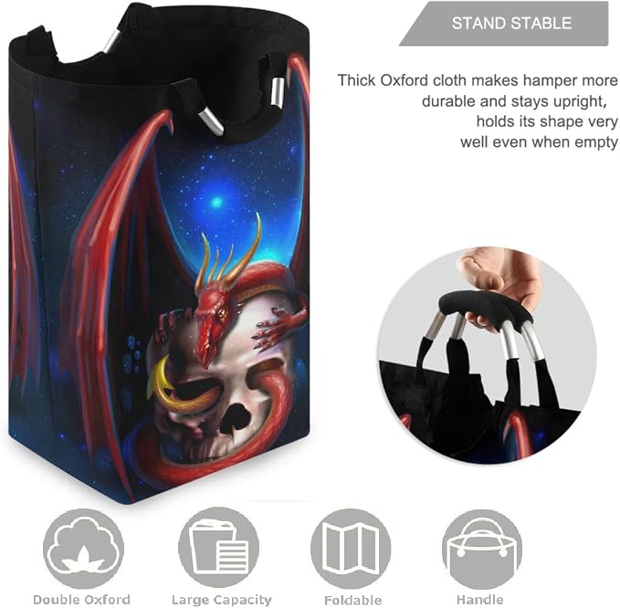 visesunny Red Dragon With Skull Large Laundry Bag Collapsible Oxford Fabric Laundry Hamper Foldable Portable Dirty Clothes Laundry Basket with Handles Waterproof Washing Bin Laundry Tote Bag