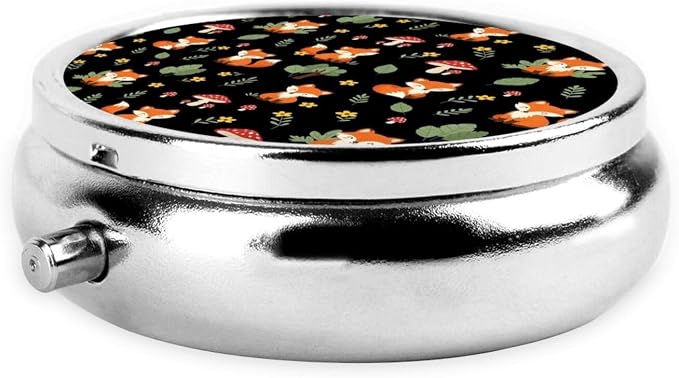 Mini Medicine Organizer, Round Pill Box Portable, 3-Section Case for Fish Oil, Travel Pill Container Purse Carry, Red Mushroom Green Leaves Flowers Floral Fox Black