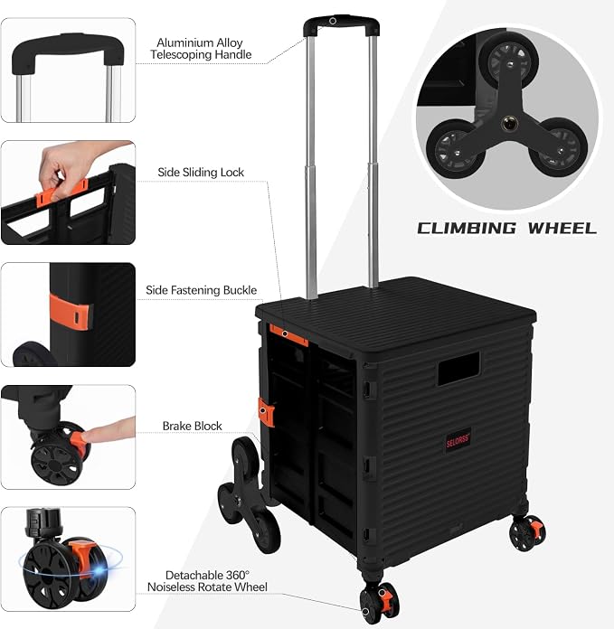Foldable Utility Cart Collapsible Crate Rolling Carts with Stair Climbing Wheels Rolling Tote Basket Teacher Cart with Lid Wear-Resistant 360°Rotate Wheel Noiseless for Moving Office-Black