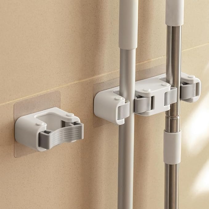 Broom Holder Wall Mount Self Adhesive, No-Drill Mop Grip Organizer for Home | Thick silicone loops stop slipping & scratching on mops, brooms, umbrellas.(Single+double)