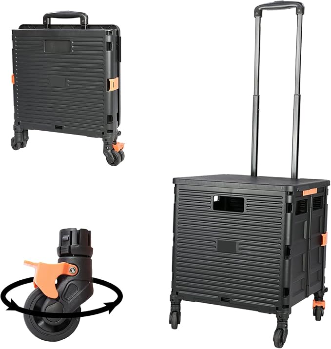 FELICON SELORSS Foldable Utility Cart Folding Portable Rolling Crate-Black | Heavy Duty,Telescoping Handle,4 Rotate Wheels,Collapsible Handcart for Travel Shop Move Luggage Laundry Teacher Office Use
