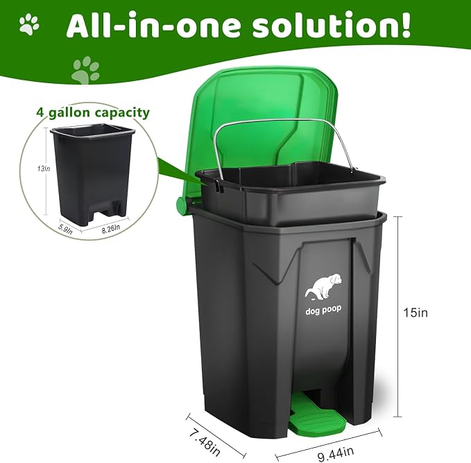 Dog Poop Trash Can Outside 20L/5Gal Large Outdoor Trash Can with Lid Green | Outdoor Dog Poop Trash Can with 100 Bags, Pedal and Removable Inner Bin, Odor Control, Suitable for All Types of Dogs