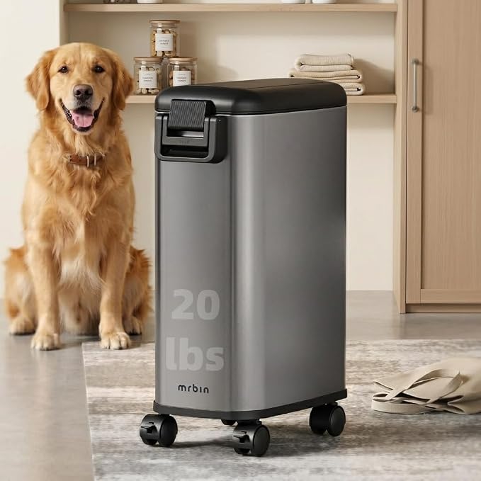 MRBIN Pet Food Bin 20 LB / 15 LB, Dog Food Storage Bin 20L with Scoop Airtight Pet Food Container Stainless Steel Large Containers with Wheels, Eclipse Grey