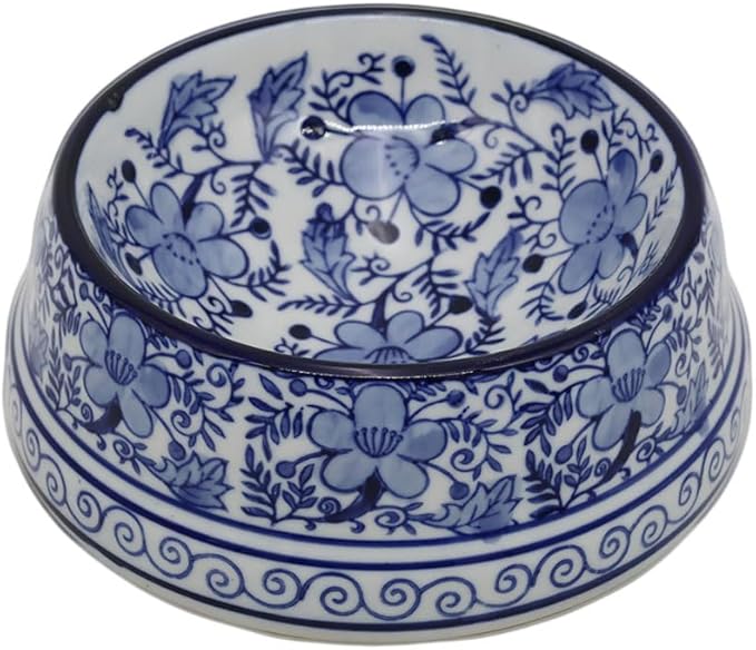 Aimusego 6.7inch Blue Ceramic Chinoiserie Food & Water Dish for Small and Medium Dogs/Cats, Non-Slip Anti-Tip Porcelain Pet Feeder Bowl