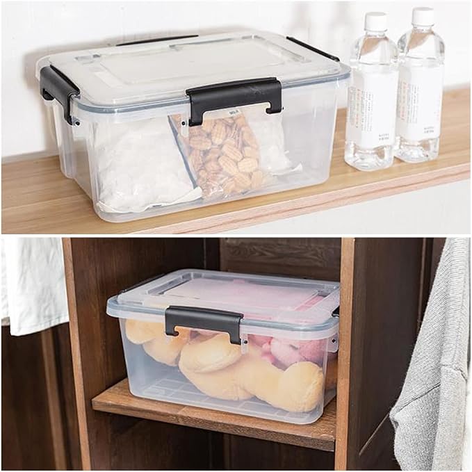 4-pack 10 Liter Clear Plastic Storage Box with Latch Clip/Seal Lid | Food Storage Containers, Latching Bin with Lid, Stackable, Durable