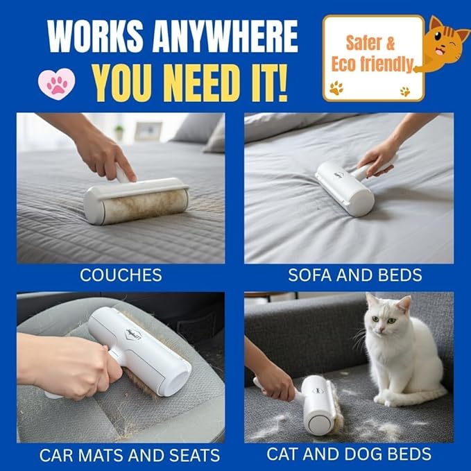 Pet Hair Remover Roller | Reusable Lint Roller for Dog & Cat Hair | Multi-Surface Fur Remover for Furniture, Couch, Carpet, Clothes & Bedding | Portable, Eco-Friendly Cleaning Tool (White)