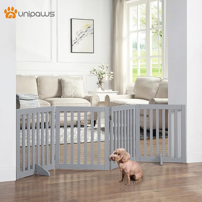 unipaws 24”H Free Standing Pet Gate for Dog Cat, 80”Wide Wooden Dog Gates | Foldable Pet Fence for Doorway, Stairs, Step, Expandable Doggy Barrier, Indoor Use