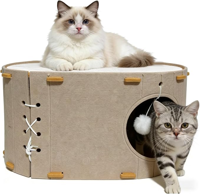 Cat House for Indoor Cats - Foldable Cat Bed Cave with Scratch-Resistant Felt Cats Tunnel Bed Condo & Hanging Fluffy Ball | Cozy Spacious Hideaway for Multi-Cats| Durable & Easy to Store, Cream