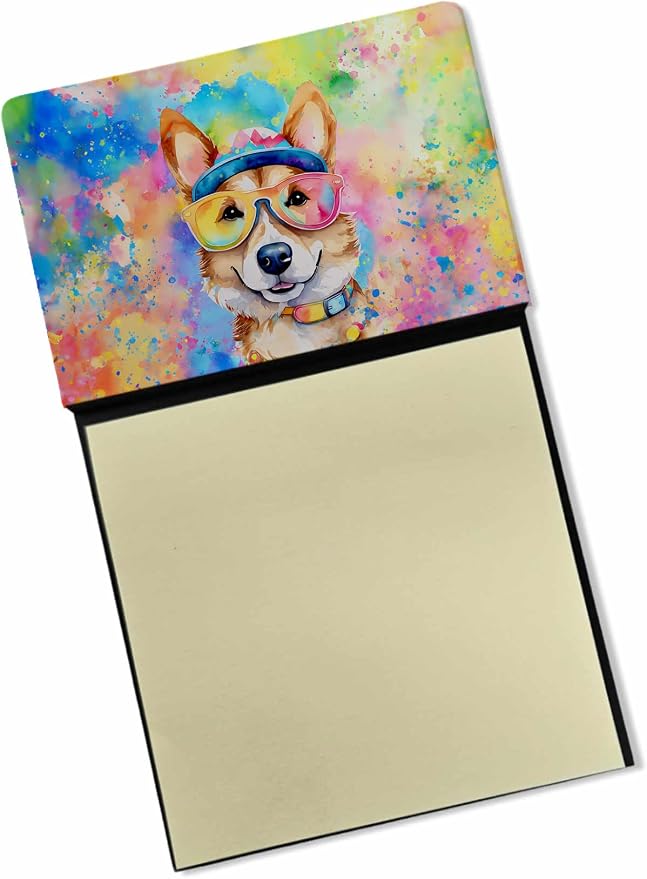 Caroline's Treasures Corgi Hippie Dawg Sticky Note Holder Refillable Dispenser Self-Sticky Note Pads, Memo Pads Blank Desk Accessories
