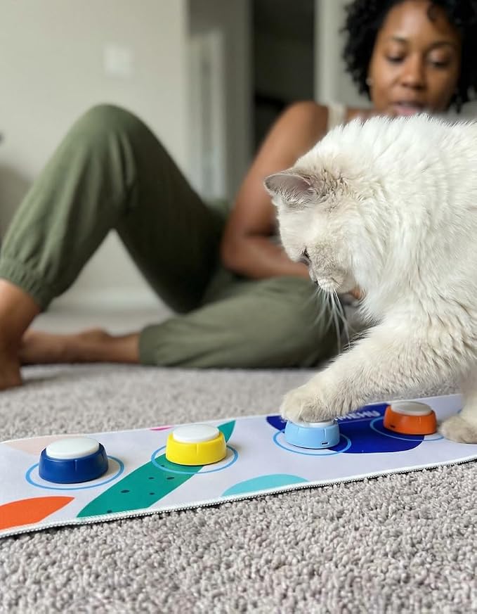 Dog Communication Buttons Mat with 4 Fixed Button Spots, Non Slip Pet Talking Button Pad with 27 Pairs Hook and Loop Fasteners, Pet Speech Button Organizer for Buttons, Cat & Dog Training
