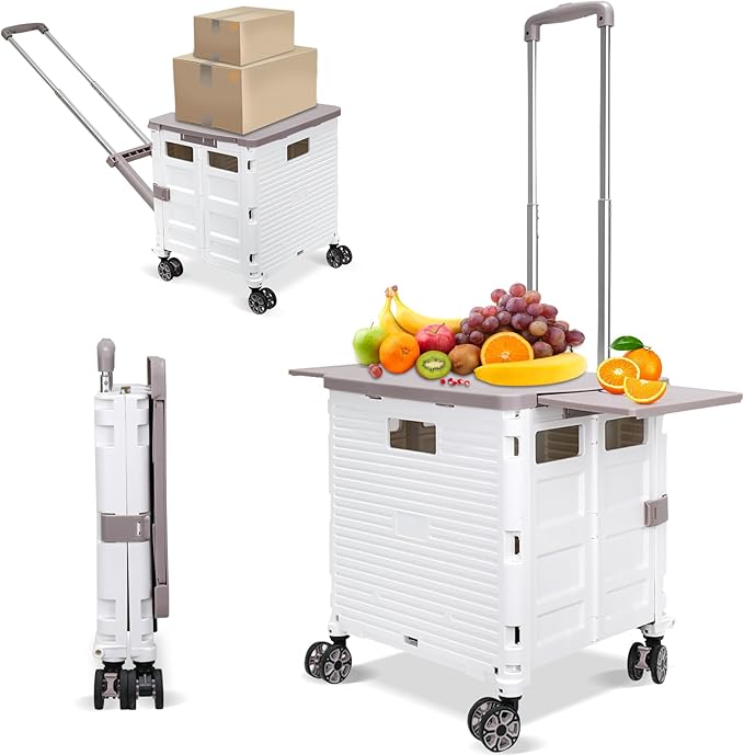 Foldable Utility Cart Rolling Crate Handcart Shopping Cart with Rotate Wheels Extended Magnetic Lid Telescoping Handle Adjustable Angle for Transports Groceries Office Teacher File(White)