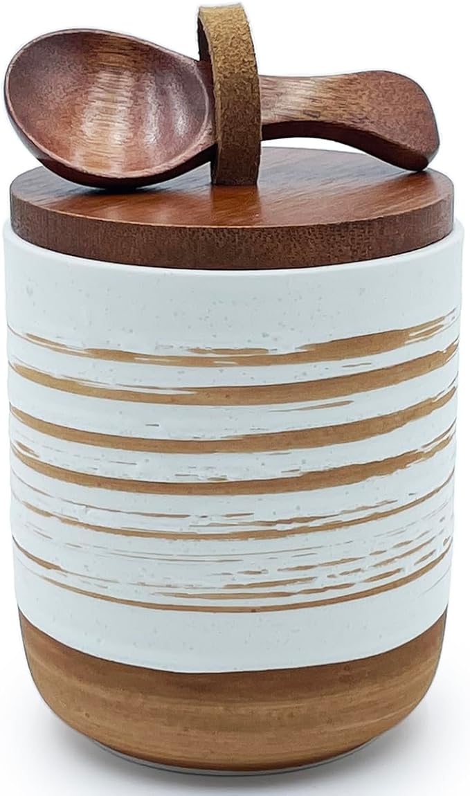 10oz Ceramic Food Storage Container with Lid & Spoon,Sugar Bowl,Airtight Coffee Matcha Containe,Loose Leaf Tea Storage,Salt Cellar,Spice Jar(White Spiral Pattern)