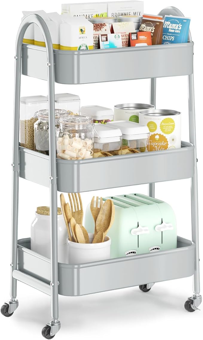 3 Tier Utility Rolling Cart, Metal Storage Cart with Handle and Lockable Wheels, Multifunctional Storage Organizer Trolley with Mesh Baskets for Kitchen, Living Room, Office, Garage (Grey)