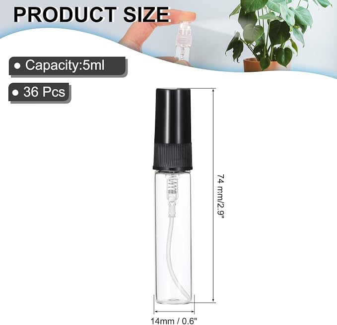 PATIKIL 5ml Glass Mini Perfume Sample Bottles, 36 Pcs Fine Mist Refillable Empty Mini Spray Bottle Fragrance Sample Bottles Sprayer for Perfume Travel Liquid Essential Oil, Black