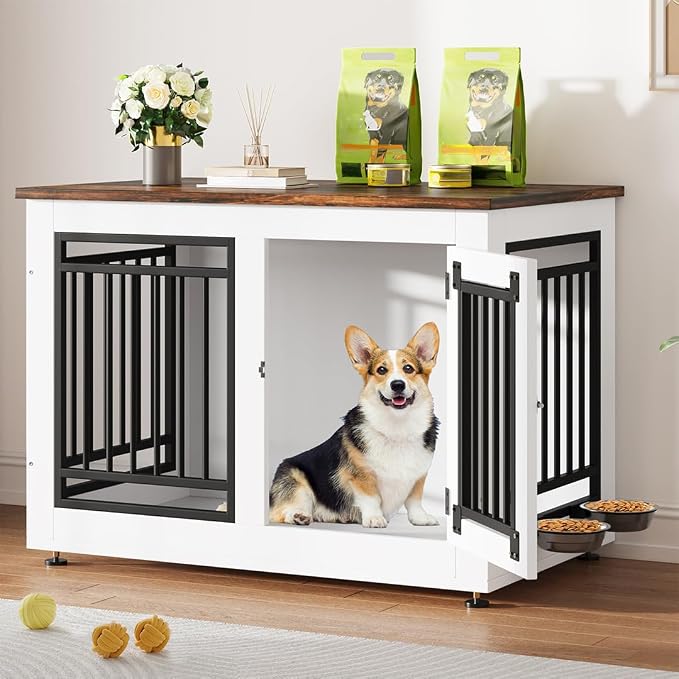 YITAHOME 35" Dog Crate Furniture, Wooden Side End Table with Adjustable Feet and Removable Bowls, Dog Kennel Indoor for Small Medium DogsV | Wooden Side End Table, Dog Kennel Indoor for Small Medium Dogs
