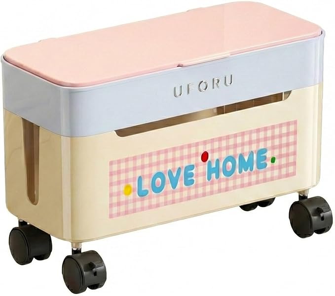 2-Tier Rolling Cable Management Box with Wheels (Large) – Mobile Power Strip Hider & Cord Organizer – Under Desk Wire Concealer & Charging Station Organizer – Baby & Pet Proof Safety (Macaron Pink)